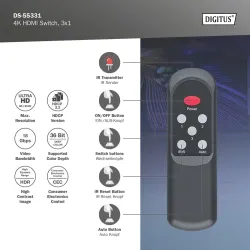 Przełącznik/Switch DIGITUS HDMI 3x1, 4K/60Hz UHD z HDR, 18 Gbps, HDCP 2.2