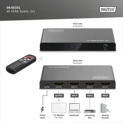 Przełącznik/Switch DIGITUS HDMI 3x1, 4K/60Hz UHD z HDR, 18 Gbps, HDCP 2.2