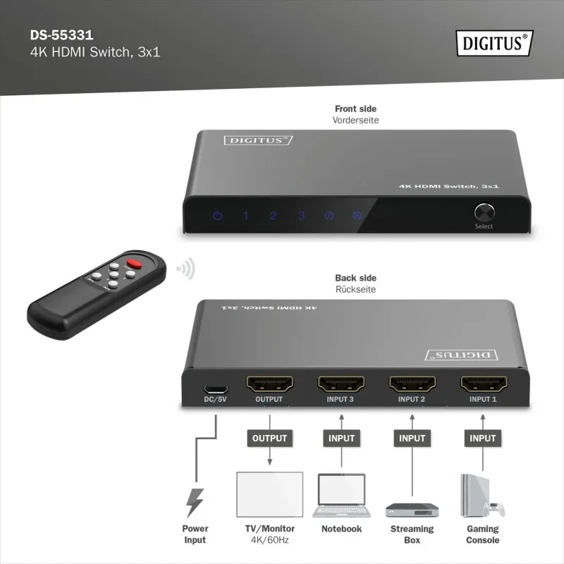 Przełącznik/Switch DIGITUS HDMI 3x1, 4K/60Hz UHD z HDR, 18 Gbps, HDCP 2.2