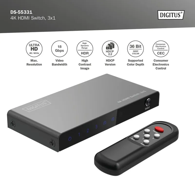Przełącznik/Switch DIGITUS HDMI 3x1, 4K/60Hz UHD z HDR, 18 Gbps, HDCP 2.2