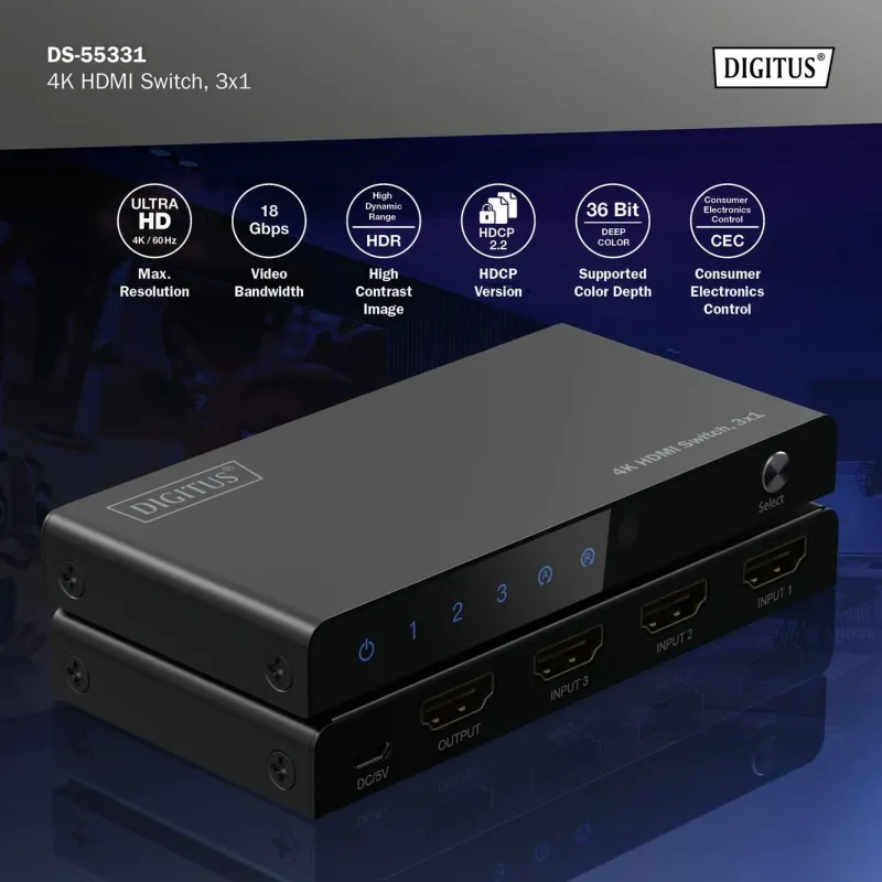 Przełącznik/Switch DIGITUS HDMI 3x1, 4K/60Hz UHD z HDR, 18 Gbps, HDCP 2.2