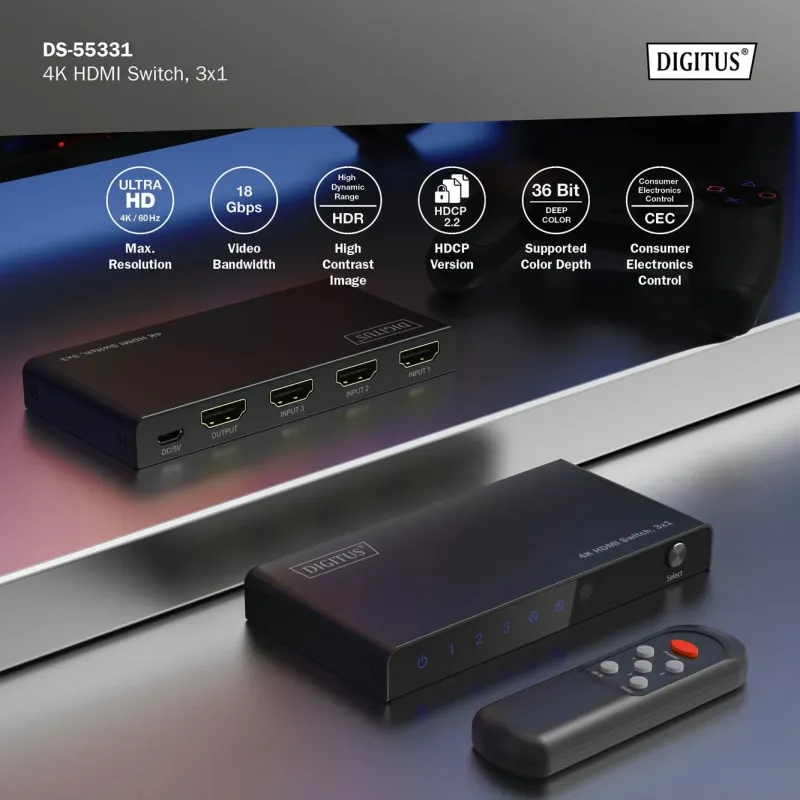 Przełącznik/Switch DIGITUS HDMI 3x1, 4K/60Hz UHD z HDR, 18 Gbps, HDCP 2.2