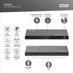 Przełącznik/Switch DIGITUS HDMI 5x1, 4K/60Hz UHD z HDR, 18 Gbps, HDCP 2.2