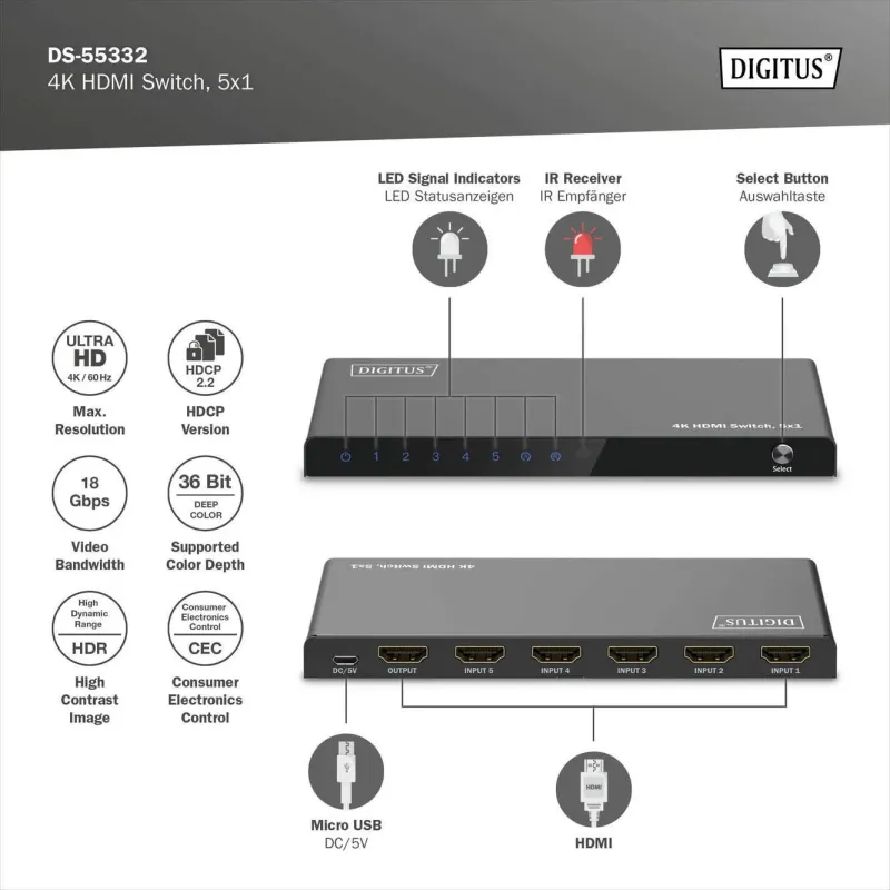 Przełącznik/Switch DIGITUS HDMI 5x1, 4K/60Hz UHD z HDR, 18 Gbps, HDCP 2.2