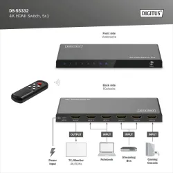 Przełącznik/Switch DIGITUS HDMI 5x1, 4K/60Hz UHD z HDR, 18 Gbps, HDCP 2.2