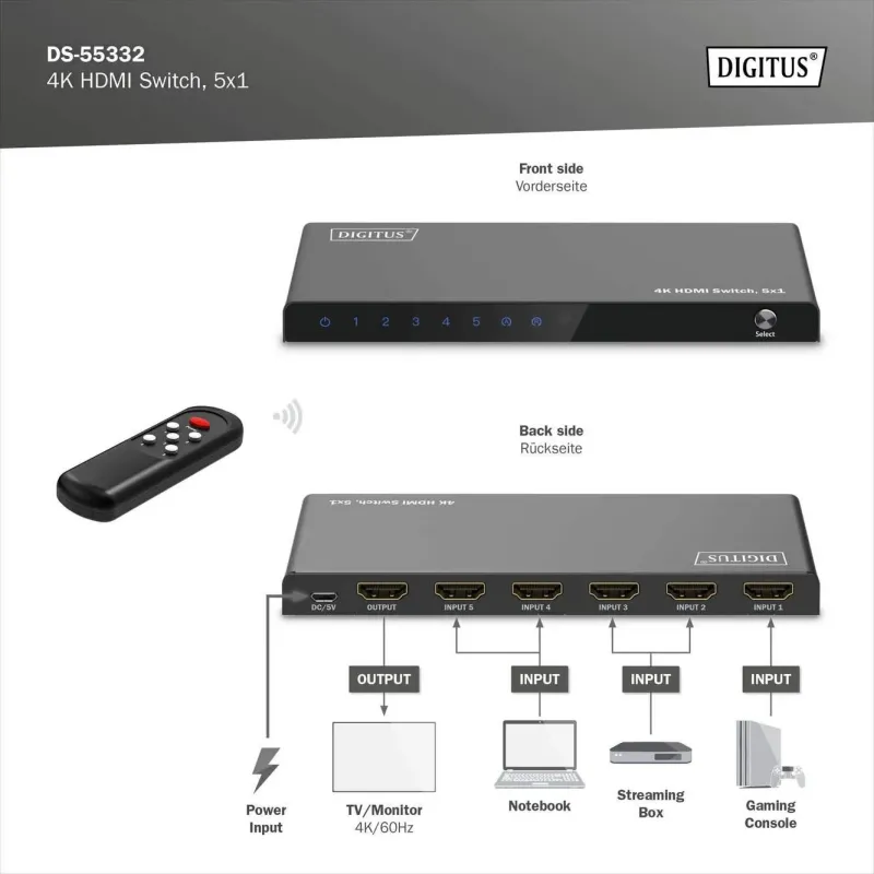 Przełącznik/Switch DIGITUS HDMI 5x1, 4K/60Hz UHD z HDR, 18 Gbps, HDCP 2.2