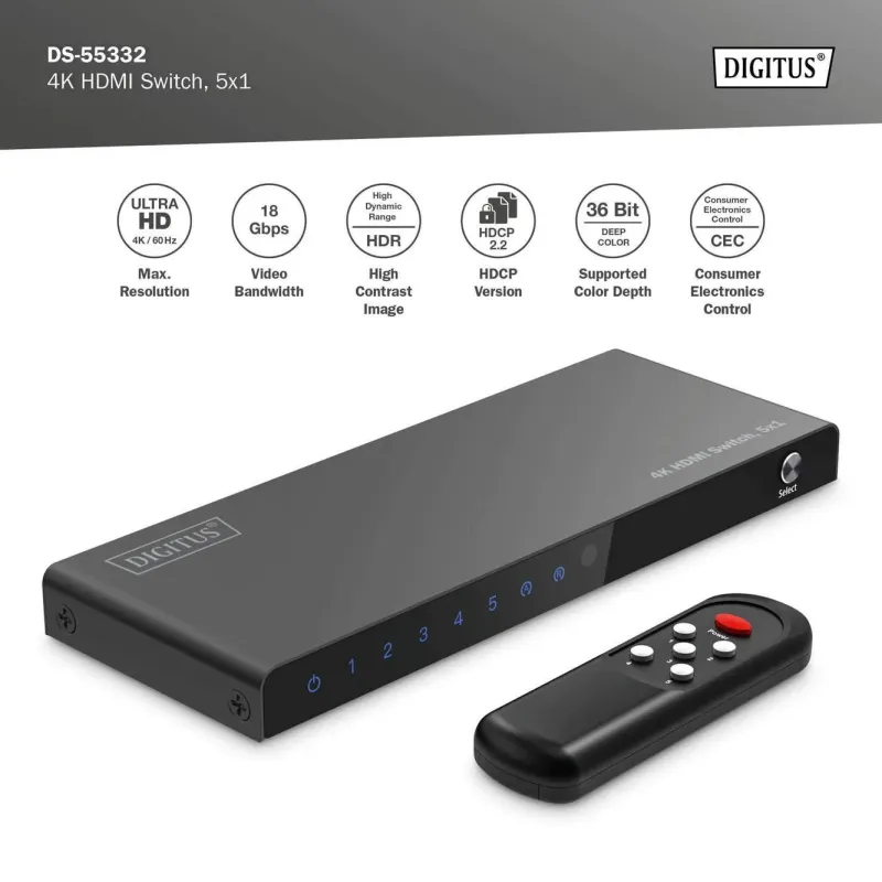 Przełącznik/Switch DIGITUS HDMI 5x1, 4K/60Hz UHD z HDR, 18 Gbps, HDCP 2.2