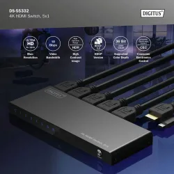 Przełącznik/Switch DIGITUS HDMI 5x1, 4K/60Hz UHD z HDR, 18 Gbps, HDCP 2.2
