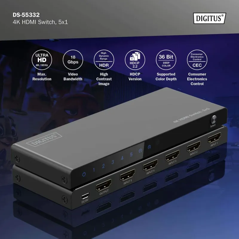 Przełącznik/Switch DIGITUS HDMI 5x1, 4K/60Hz UHD z HDR, 18 Gbps, HDCP 2.2