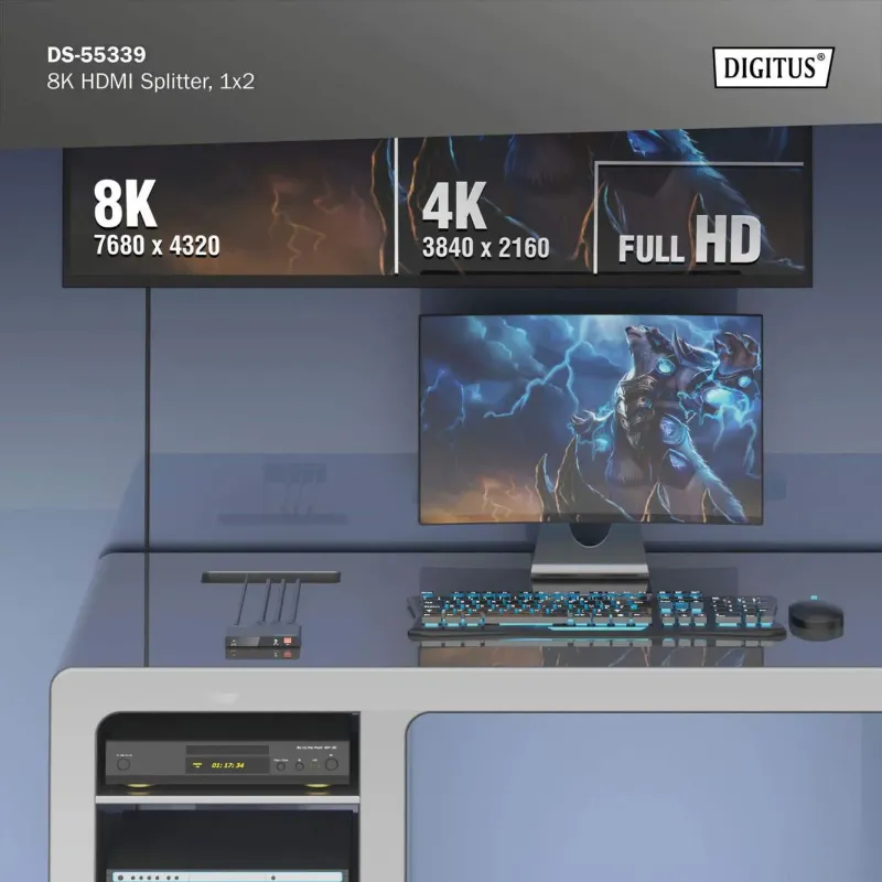 Rozdzielacz/Splitter DIGITUS HDMI 1x2, 8K/60Hz (4:4:4) z HDR, 48 Gbps, HDCP