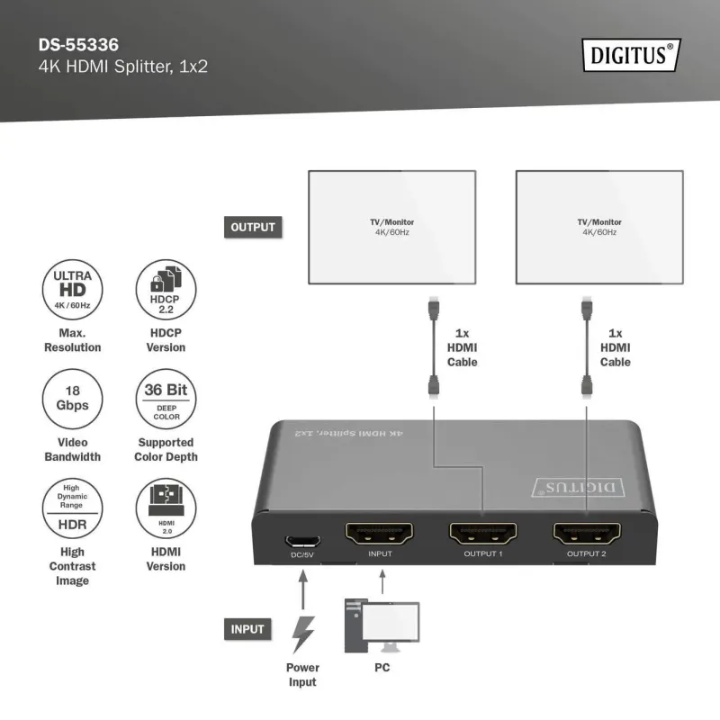 Rozdzielacz/Splitter DIGITUS HDMI 1x2, 4K/60Hz UHD z HDR, 18 Gbps, HDCP
