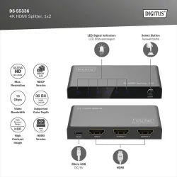 Rozdzielacz/Splitter DIGITUS HDMI 1x2, 4K/60Hz UHD z HDR, 18 Gbps, HDCP