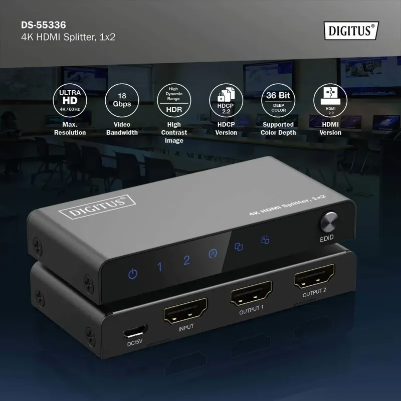 Rozdzielacz/Splitter DIGITUS HDMI 1x2, 4K/60Hz UHD z HDR, 18 Gbps, HDCP
