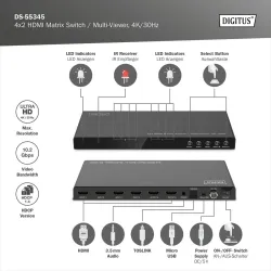 Przełącznik/Matrix DIGITUS HDMI 4/2-porty 4K/30Hz UHD HDCP 1.4 audio z
