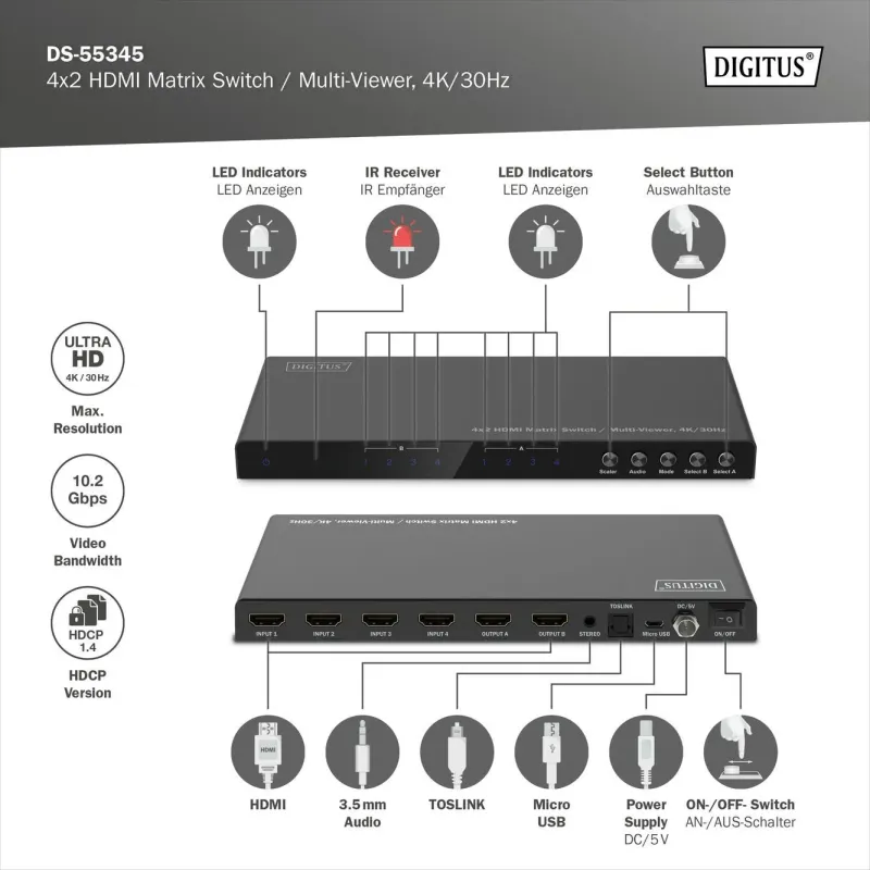 Przełącznik/Matrix DIGITUS HDMI 4/2-porty 4K/30Hz UHD HDCP 1.4 audio z