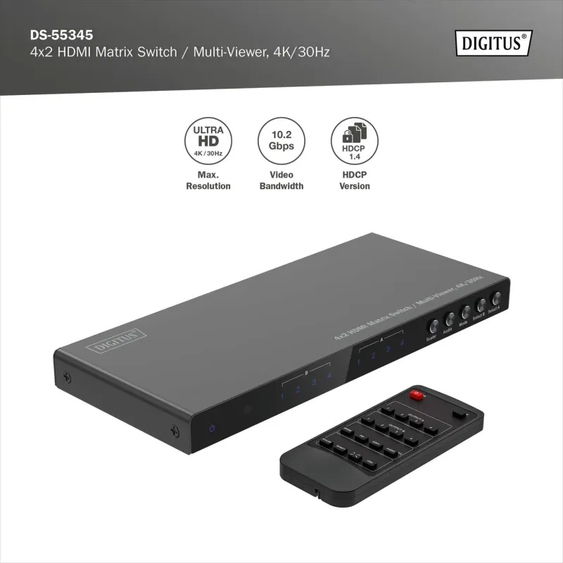 Przełącznik/Matrix DIGITUS HDMI 4/2-porty 4K/30Hz UHD HDCP 1.4 audio z