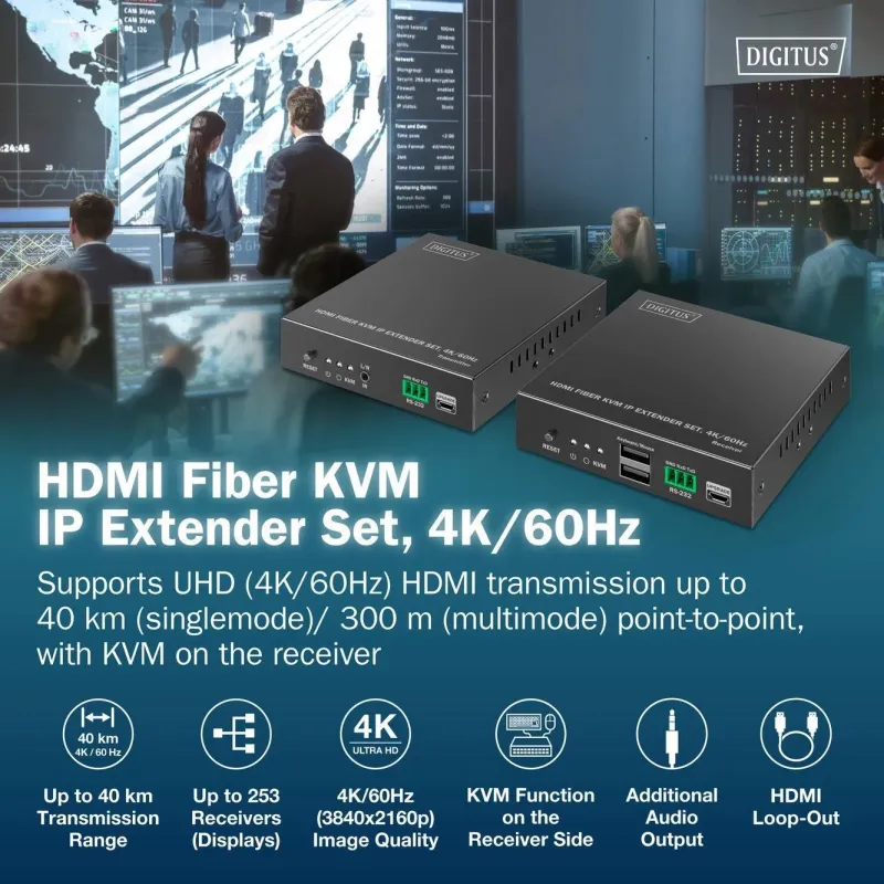 Przedłużacz/Extender światłowodowy DIGITUS KVM HDMI+USB 1.1 do 40km/300m