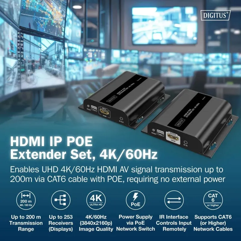 Przedłużacz/Extender DIGITUS HDMI 120/200m po kat.6 UTP/IP 4K/60Hz z PoE,