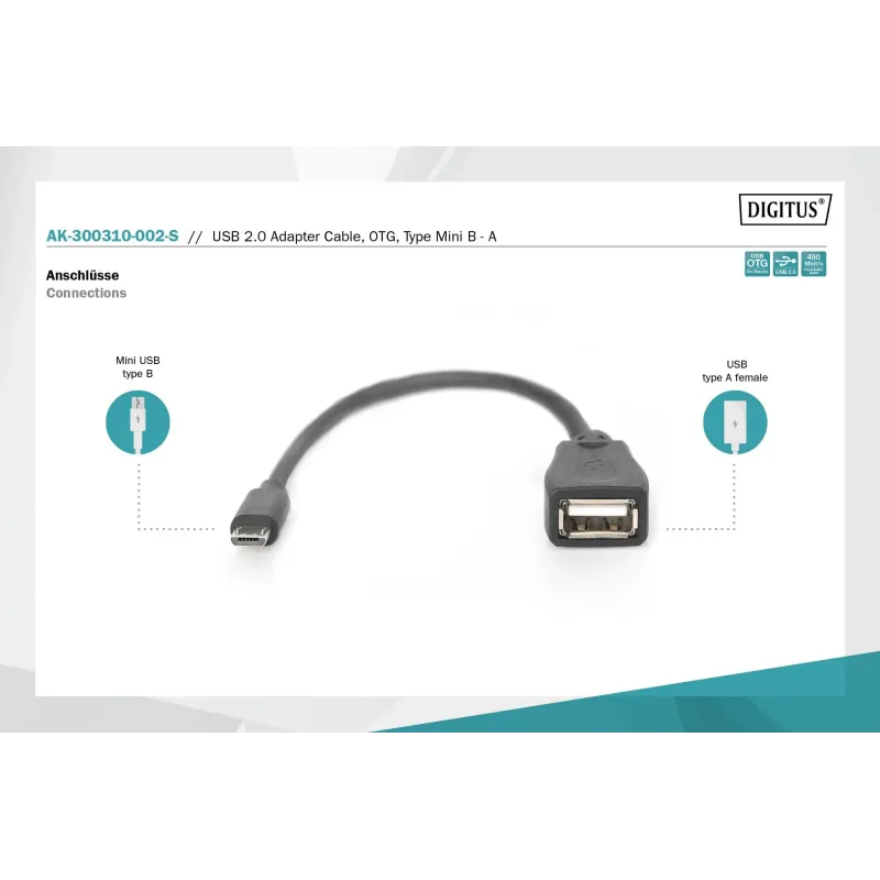 Kabel adapter USB 2.0 DIGITUS HighSpeed OTG Typ miniUSB B/USB A M/Ż czarny