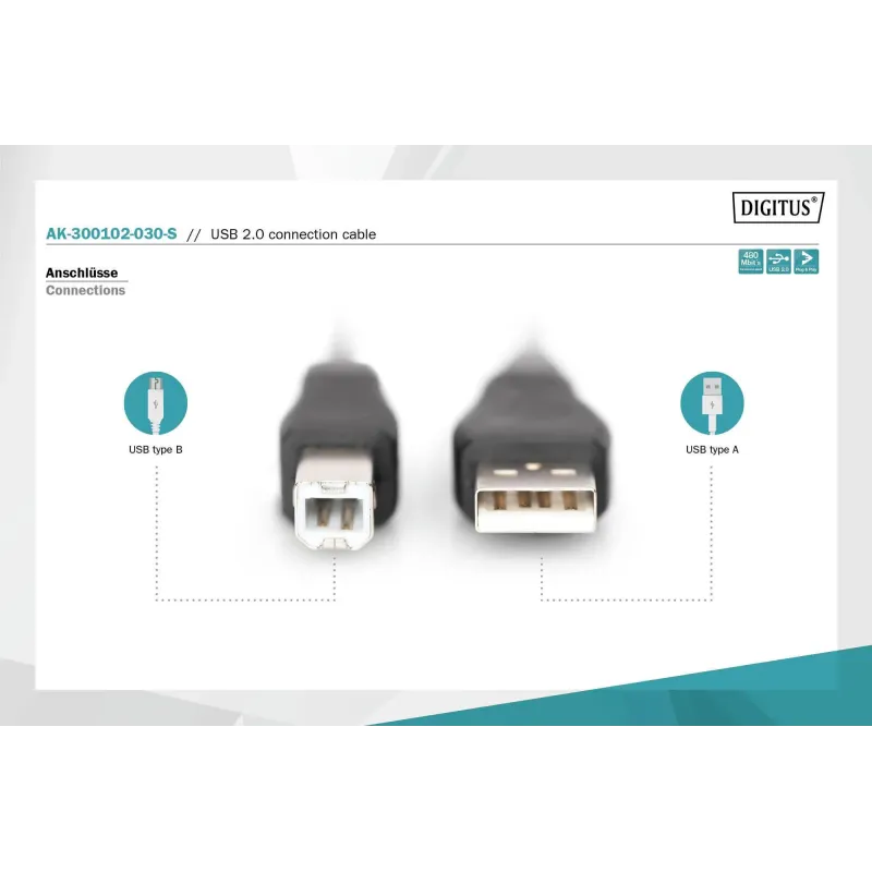 Kabel drukarkowy DIGITUS USB 2.0 A/M - B/M, 3m czarny