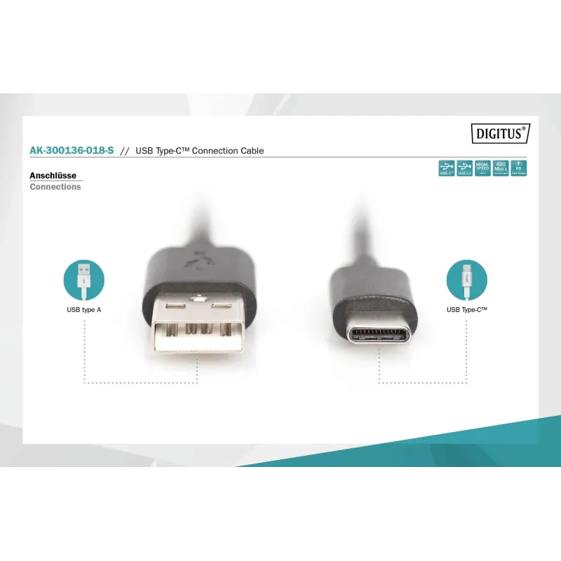 Kabel USB 2.0 DIGITUS HighSpeed Typ USB A/USB C M/M | PartsPC.pl