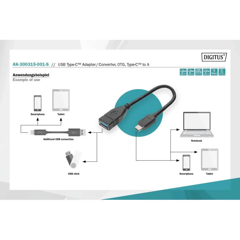 Kabel USB 3.1 Gen 1 DIGITUS SuperSpeed OTG Typ USB C/USB A M/Ż czarny 0,15m