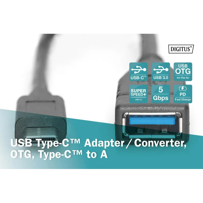 Kabel USB 3.1 Gen 1 DIGITUS SuperSpeed OTG Typ USB C/USB A M/Ż czarny 0,15m