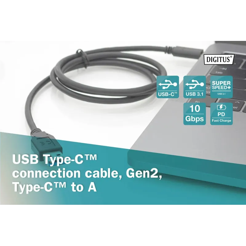 Kabel DIGITUS USB 3.1 Gen.2 SuperSpeed+ 10Gbps Typ USB C/A M/M, PD, czarny