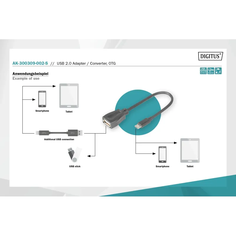 Kabel USB 2.0 DIGITUS HighSpeed OTG Typ microUSB B/USB A M/Ż czarny 0,2m