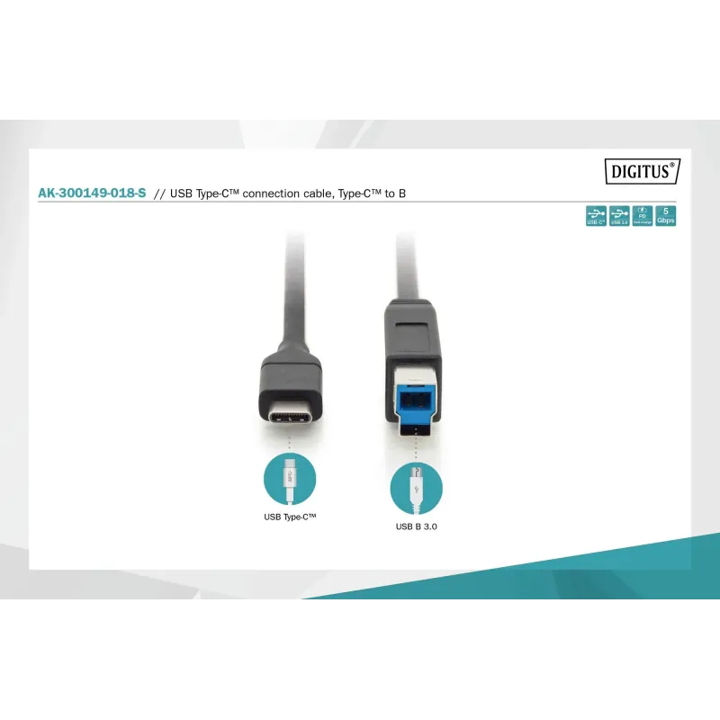 Kabel DIGITUS USB 3.0 SuperSpeed 5Gbps Typ USB C/B M/M Power Delivery