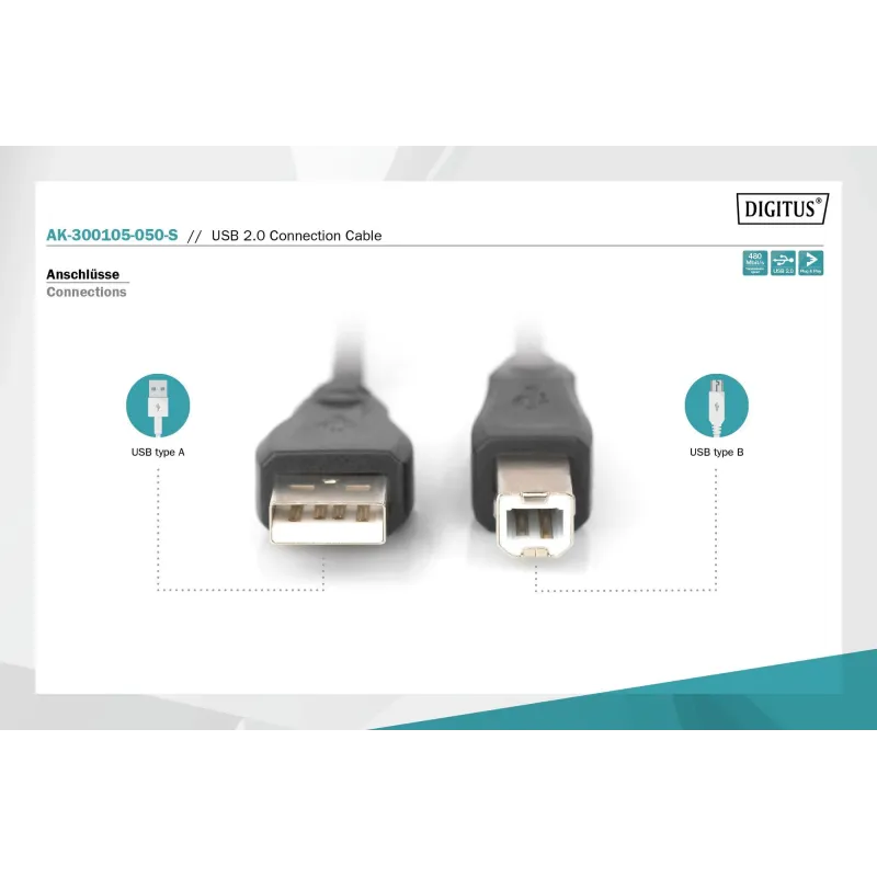 Kabel drukarkowy USB DIGITUS 2.0 A/M - USB B /M 5m czarny