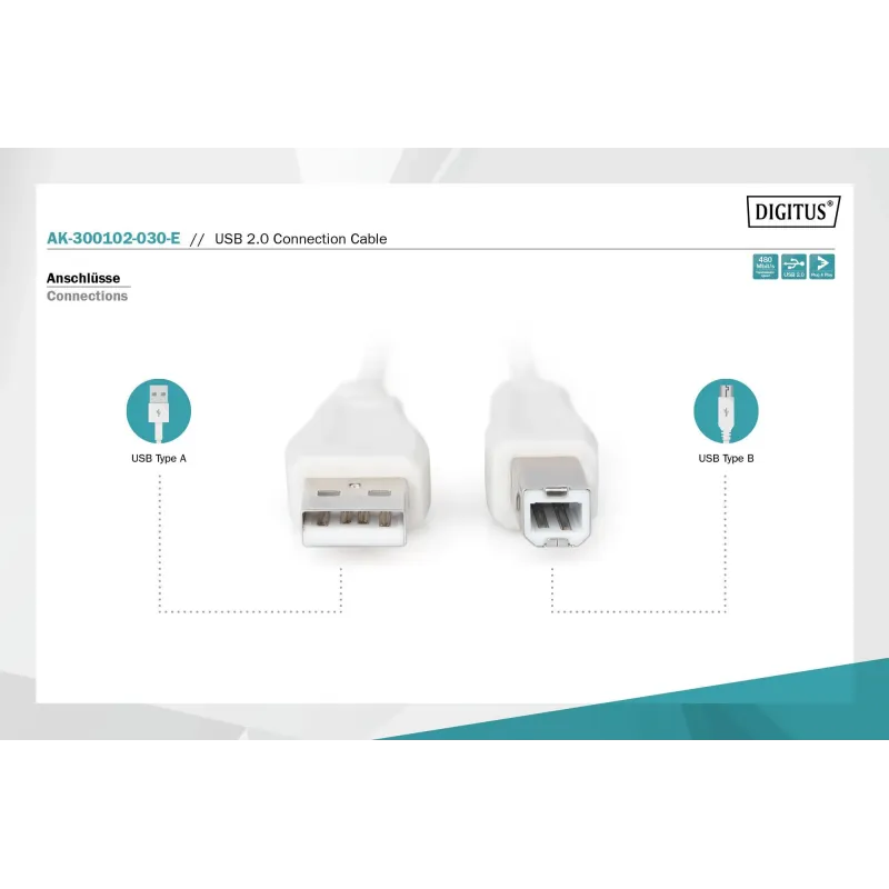 Kabel drukarkowy DIGITUS USB 2.0 A/M - B/M, 3m beżowy