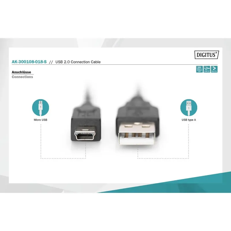 Kabel USB DIGITUS 2.0 A/M - mini B/M, 1,8m czarny | PartsPC.pl