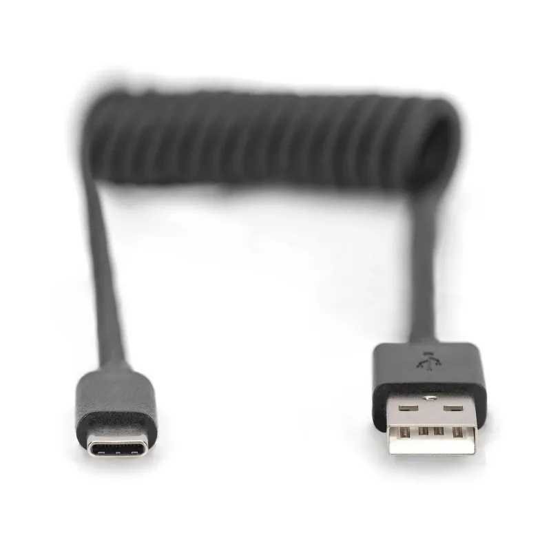 Kabel USB 2.0 DIGITUS spiralny USB A/USB C, PD 60W, czarny, max. 1m