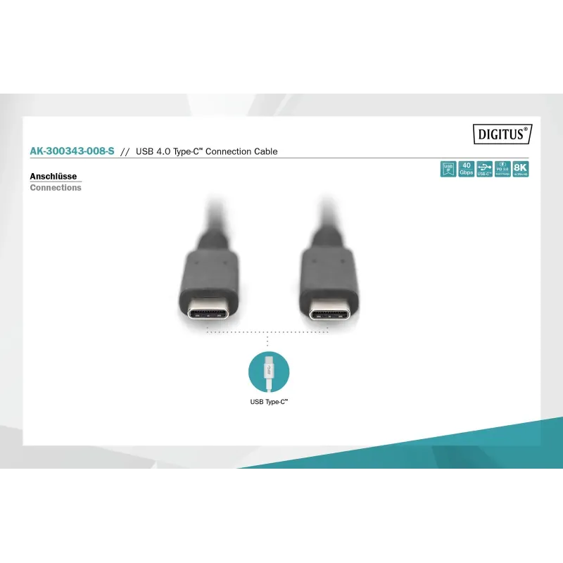 Kabel USB 4.0 DIGITUS Typ USB C/USB C M/M 40Gbps PD 3.1 240W 8K 60Hz czarny