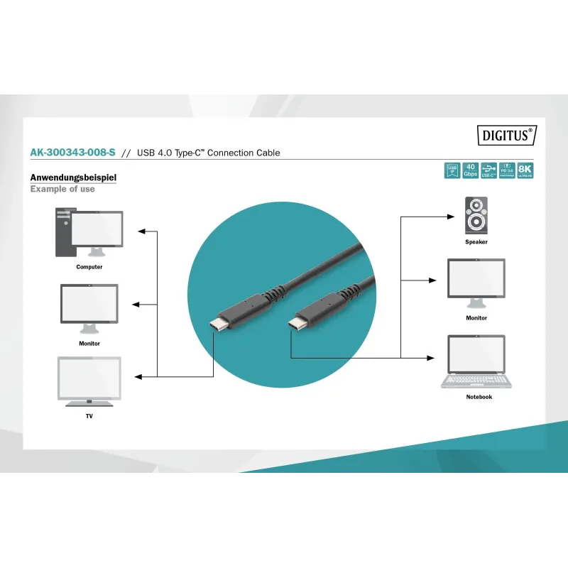 Kabel USB 4.0 DIGITUS Typ USB C/USB C M/M 40Gbps PD 3.1 240W 8K 60Hz czarny