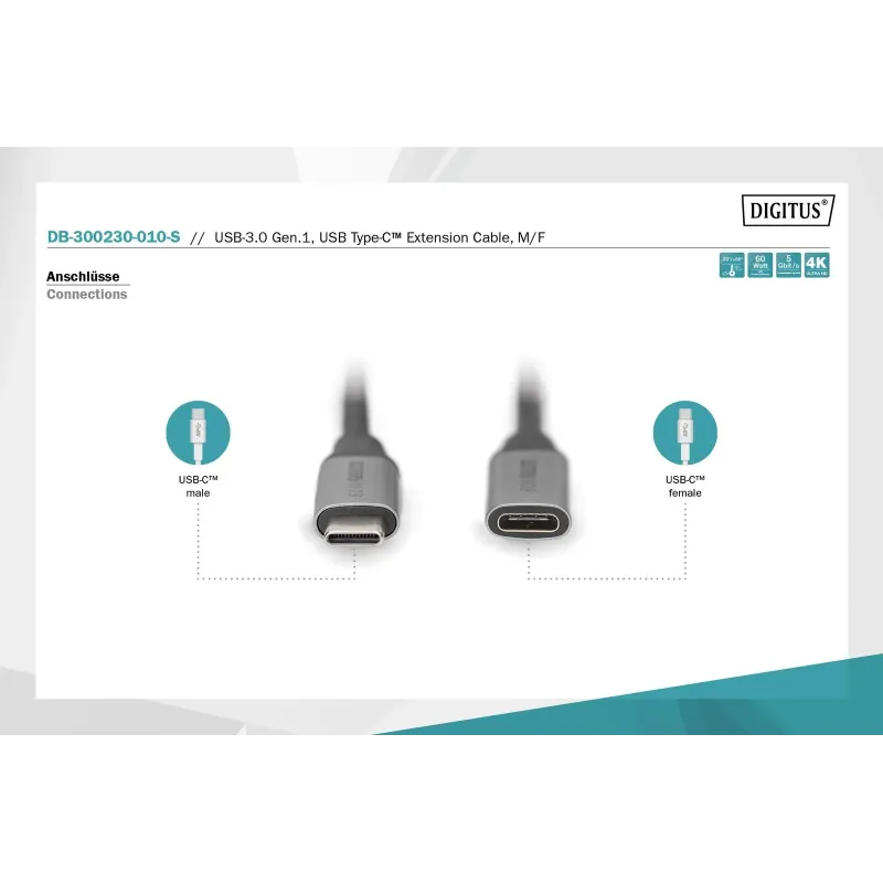 Kabel przedłużający USB 3.0 DIGITUS PREMIUM 60W/5Gbps Typ USB C/USB C Ż/M