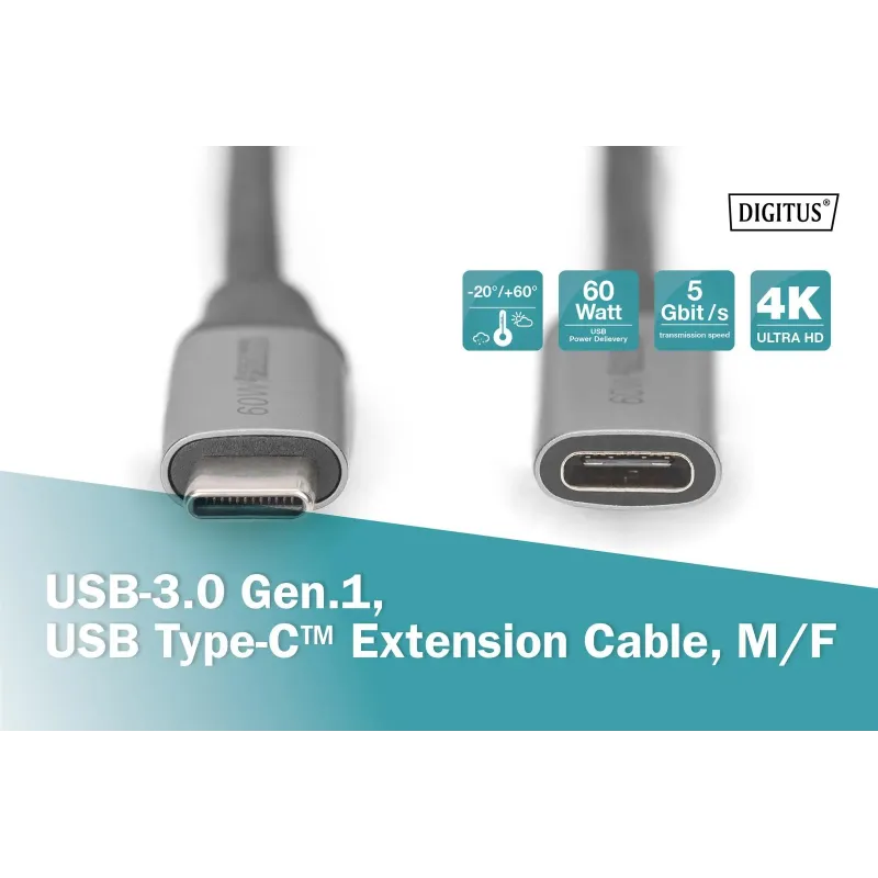 Kabel przedłużający USB 3.0 DIGITUS PREMIUM 60W/5Gbps Typ USB C/USB C Ż/M