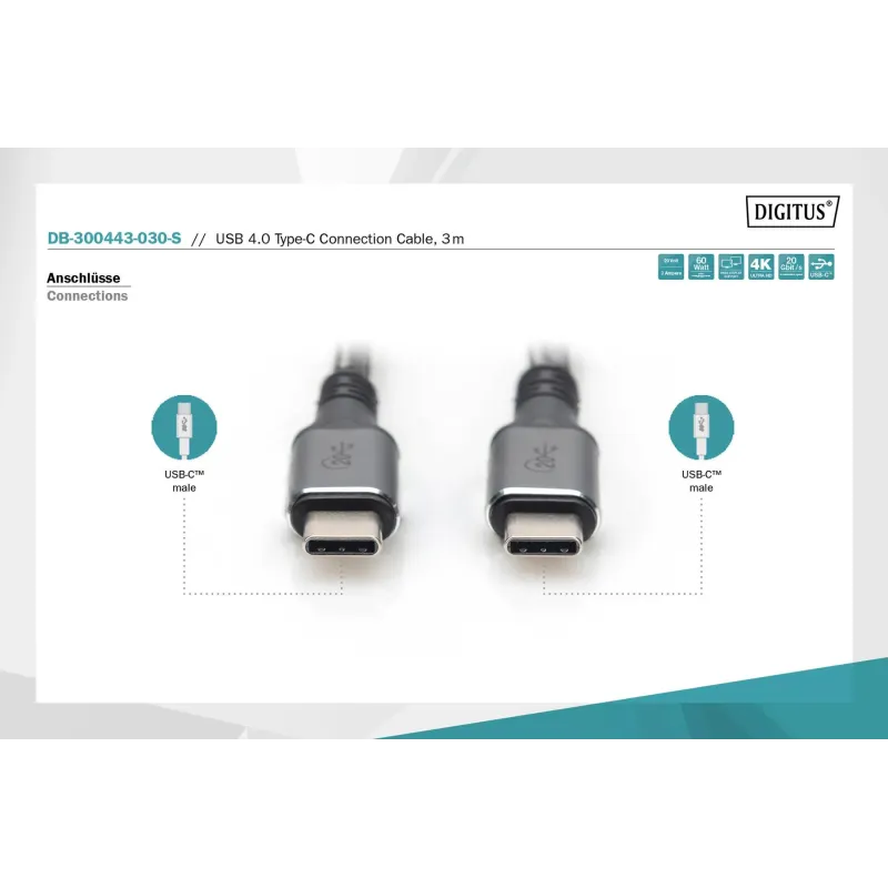 Kabel połączeniowy DIGITUS PREMIUM USB 4.0 Typ USB C/USB C M/M 20Gbps PD