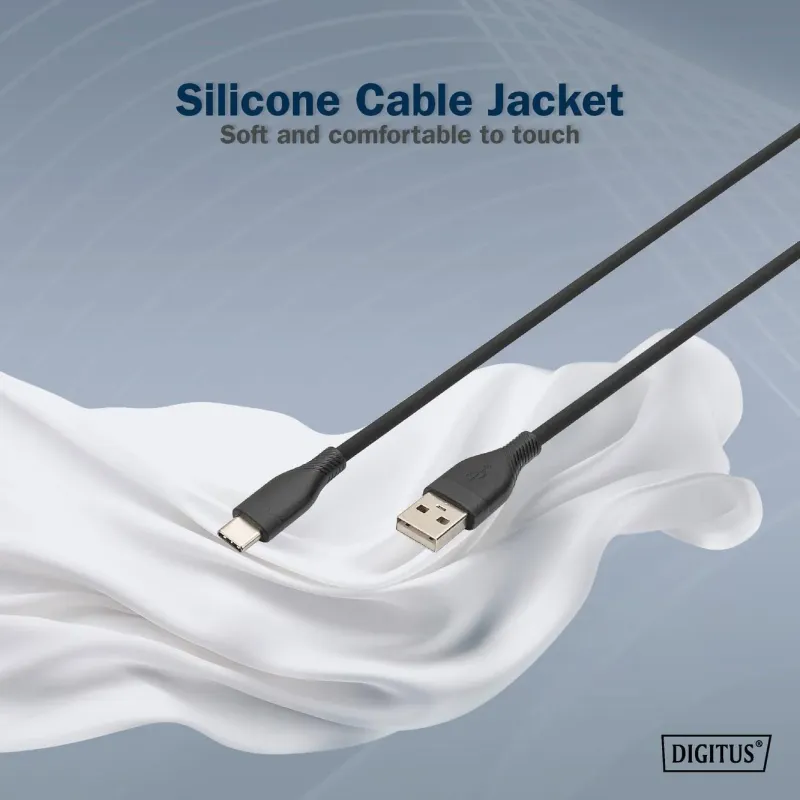 Kabel zasilający DIGITUS silikonowy USB-A - USB-C, USB 2.0 60W, 2m czarny
