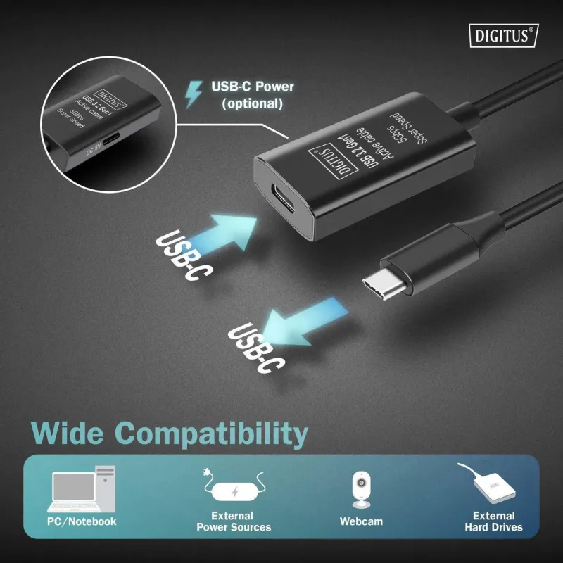 Kabel przedłużający aktywny DIGITUS DA-73108, USB 3.2 Gen1, 5Gbps, USB-C -