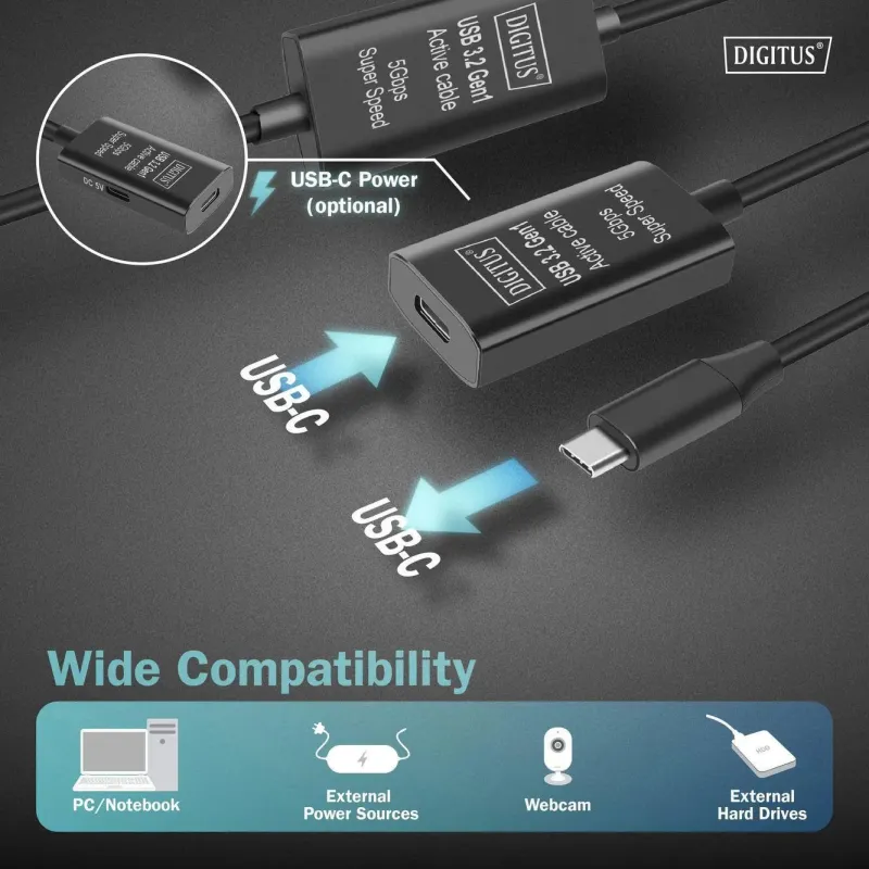 Kabel przedłużający aktywny DIGITUS DA-73109, USB 3.2 Gen1, 5Gbps, USB-C -