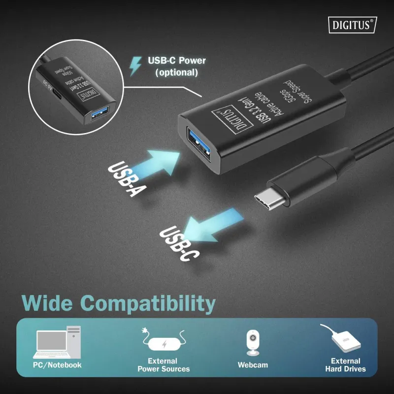 Kabel przedłużający aktywny DIGITUS DA-73110, USB 3.2 Gen1, 5Gbps, USB-C -
