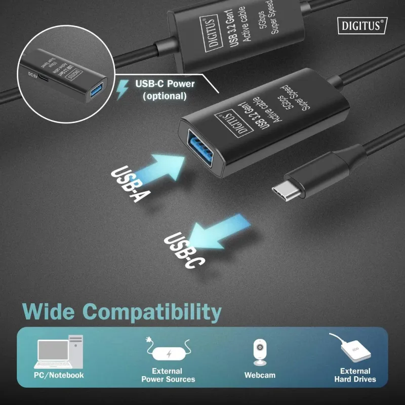 Kabel przedłużający aktywny DIGITUS DA-73111, USB 3.2 Gen1, 5Gbps, USB-C -