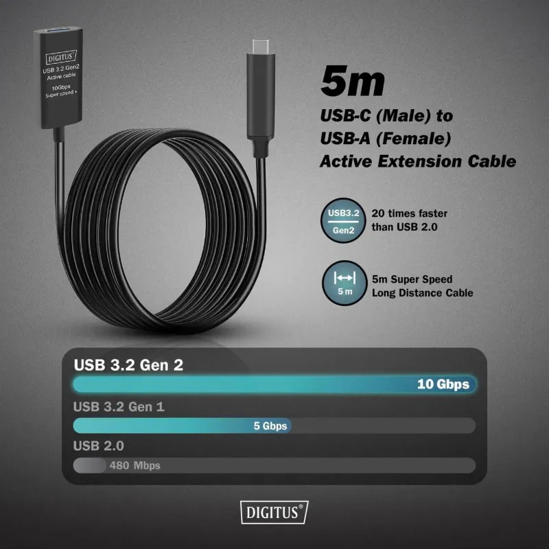 Kabel przedłużający aktywny DIGITUS DA-73113, USB 3.2 Gen2, 10Gbps, USB-C -
