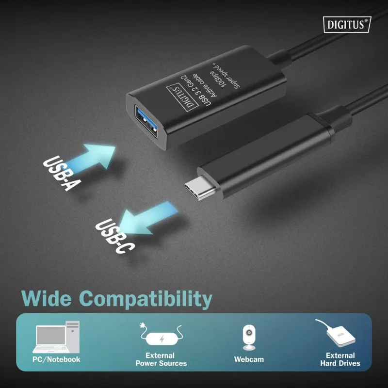 Kabel przedłużający aktywny DIGITUS DA-73113, USB 3.2 Gen2, 10Gbps, USB-C -