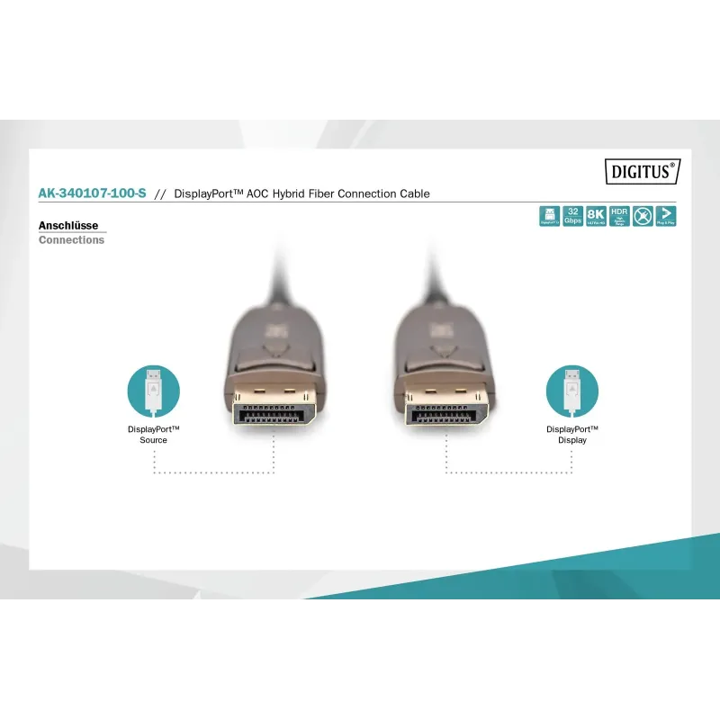 Kabel DIGITUS połączeniowy hybrydowy AOC DisplayPort 1.4 8K60Hz UHD DP/DP