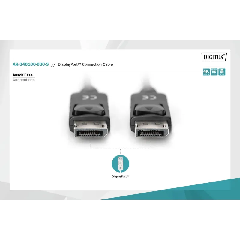 Kabel DisplayPort DIGITUS z zatrzaskami 4K 60Hz UHD Typ DP/DP M/M czarny 3m