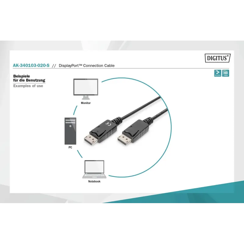 Kabel DisplayPort DIGITUS z zatrzaskami 1080p 60Hz FHD Typ DP/DP M/M czarny
