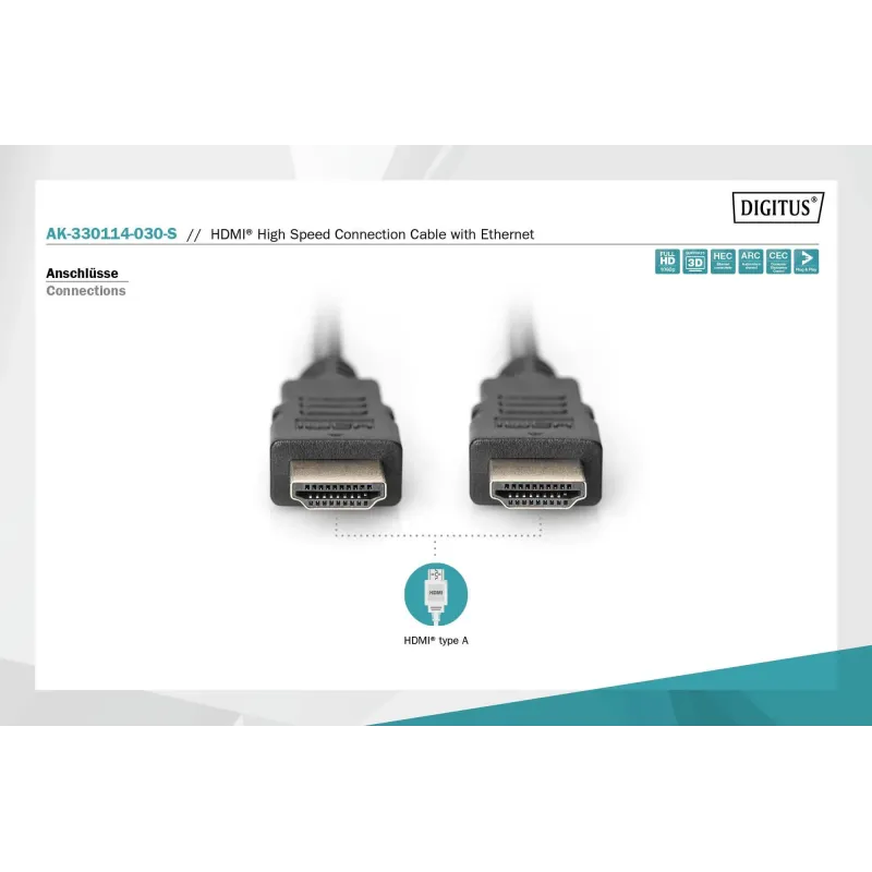 Kabel HDMI DIGITUS AK-330114-030-S Highspeed 1.4 z Eth. HDMI A/HDMI A 3m